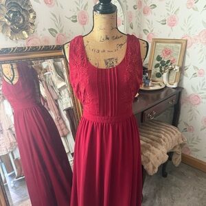 Deep Red Floral Embroidery Maxi Dress